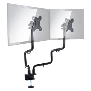 Isolated studio photo of the Dual Monitor Arms with transparent-looking monitors attached.