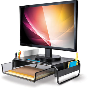 Isolated studio photo of the Organizer 5 monitor stand, raising a monitor and storing office supplies. The drawer is opened.