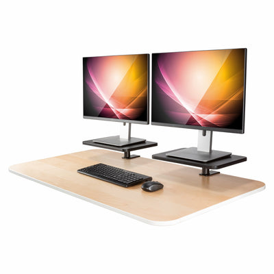 Studio Photo Ascend Monitor Stands on desk with monitors and mouse and keyboard