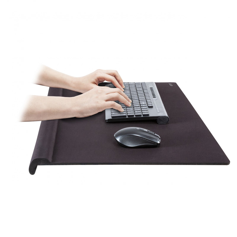 Studio image ErgoEdge Wrist Rest Mousepad Black showing hands typing on keyboard on pad