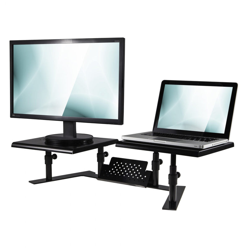 Studio image ErgoTwin Dual Monitor Stand with monitor and laptop