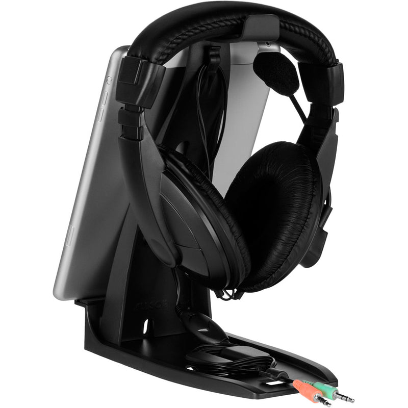 Studio image Headset Hangout back view with headphones and pad on stand
