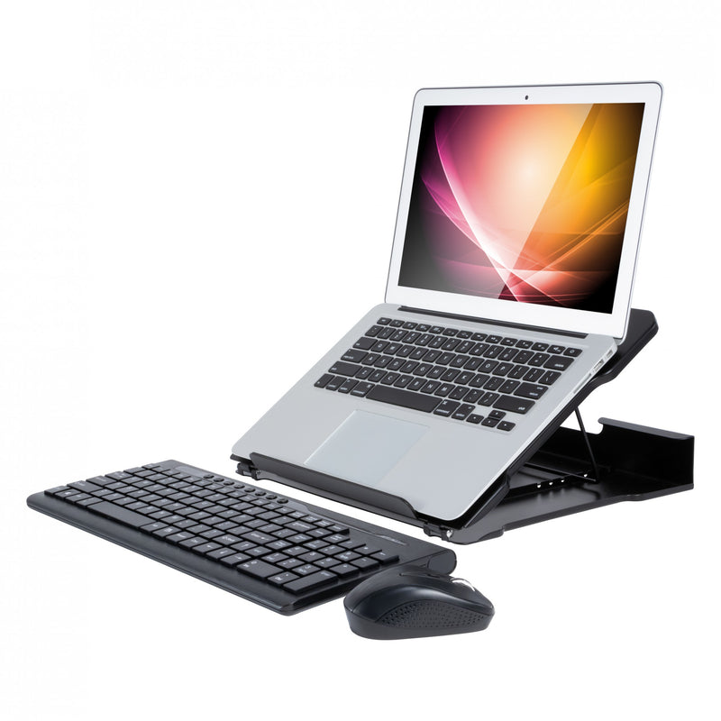 Studio Photo Metal Art Adjustable Laptop Stand Pearl Black shown with laptop keyboard and mouse